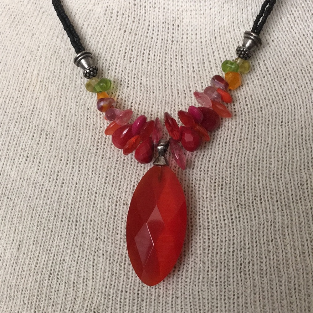 Chico’s Red acrylic stones-necklace w/ shell cord